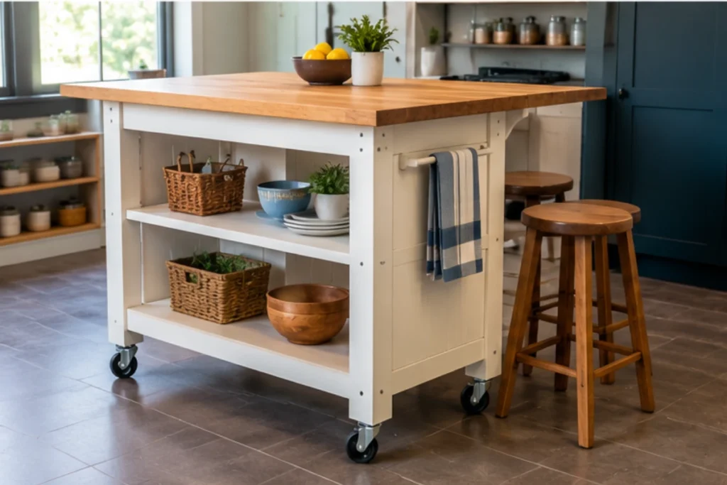 DIY small kitchen island with a butcher block countertop, open shelves, storage baskets, and caster wheels