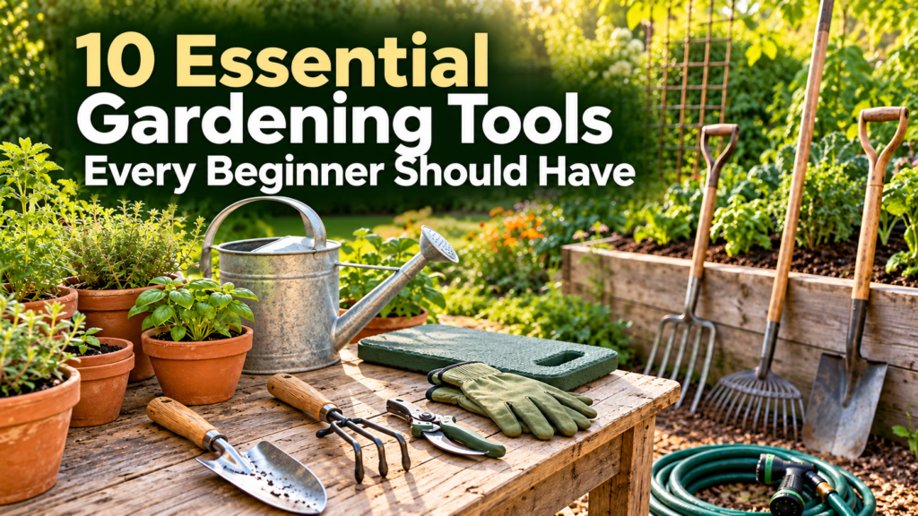 Essential gardening tools for beginners arranged on a wooden bench, including a trowel, pruning shears, gloves, and watering can.
