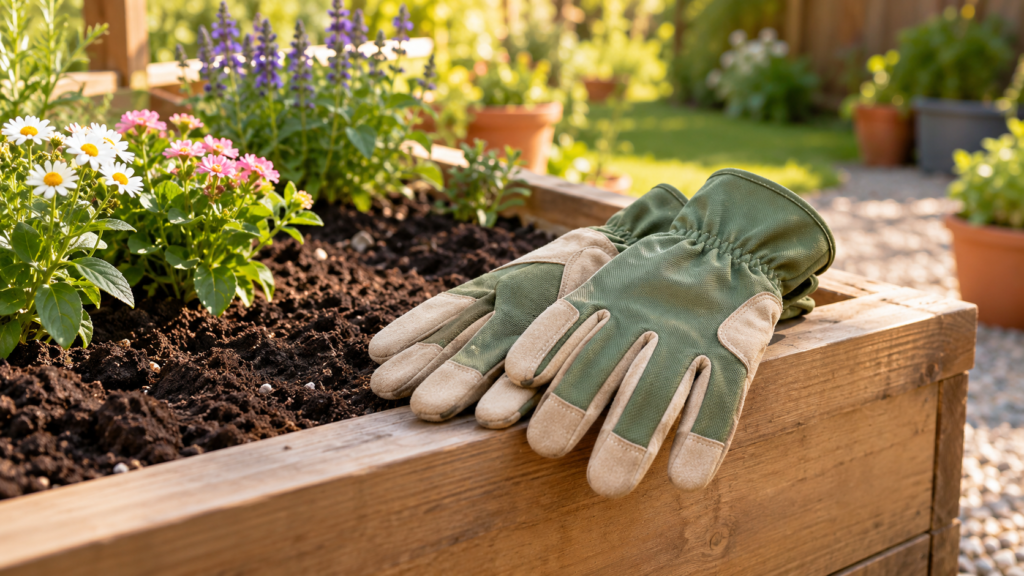 Sage green gardening gloves with beige reinforcement resting on a wooden raised bed beside flowering plants.