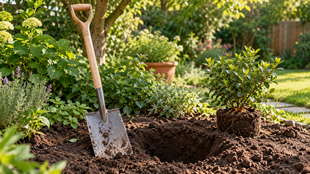Wooden-handled garden spade beside a freshly dug planting hole and a young shrub with an exposed root ball.