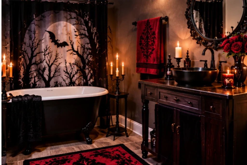 Gothic Halloween bathroom with a black bathtub, deep red towels, dark vanity, roses, and candlelight.