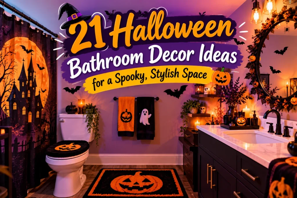 21 Halloween bathroom decor ideas featuring spooky shower curtains, pumpkin accents, black and orange bath mats, ghost towels, bats, and eerie purple lighting.