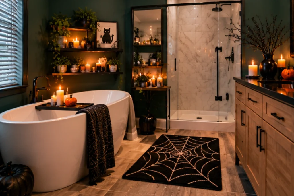 Halloween bathroom shelves styled with pumpkins, lanterns, candles, greenery, and warm seasonal lighting.