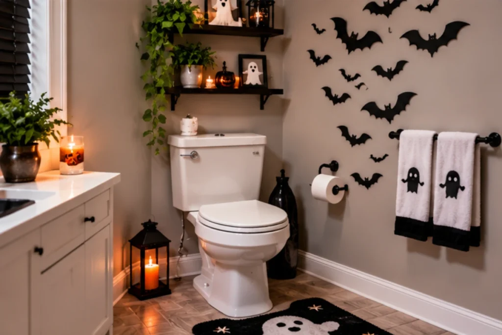 Black decorative bats on a bathroom wall with ghost-themed hand towels and Halloween vanity accessories.