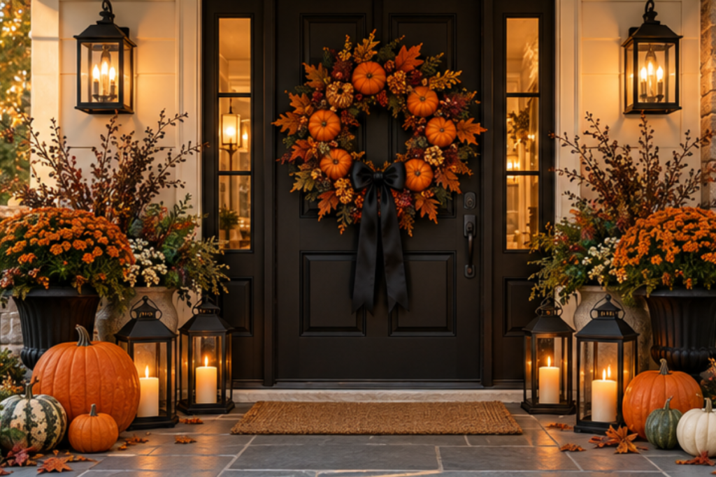 halloween home decor with a pumpkin wreath on a front door