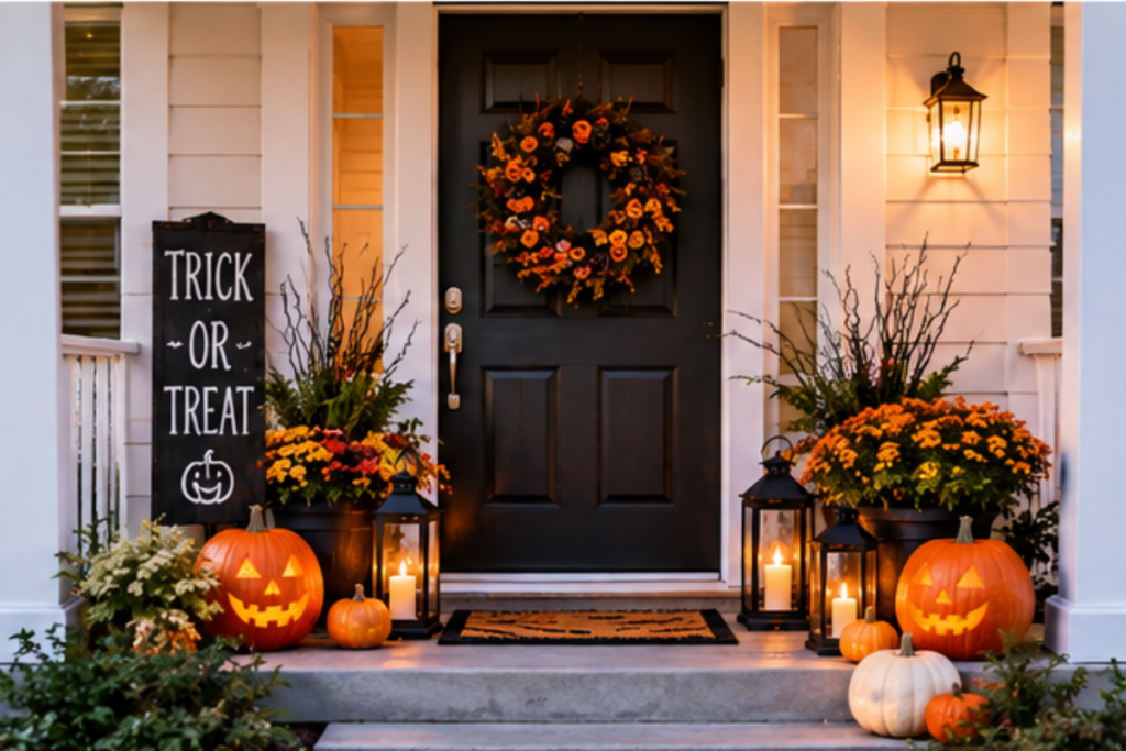 Halloween front door decor with pumpkins, lanterns, wreath, and trick or treat sign