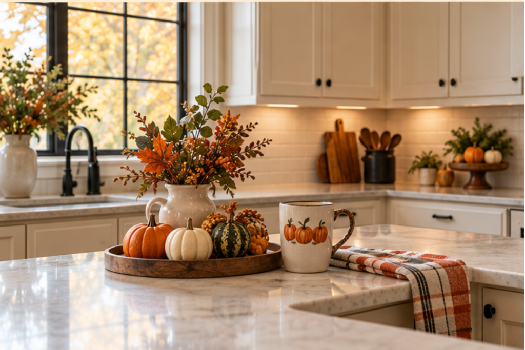 halloween kitchen decor with pumpkin accents mugs and seasonal tray