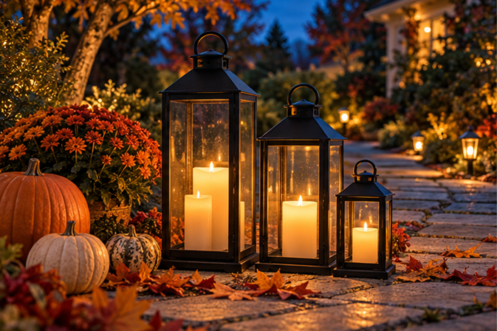 black outdoor lanterns with candles for halloween home decor