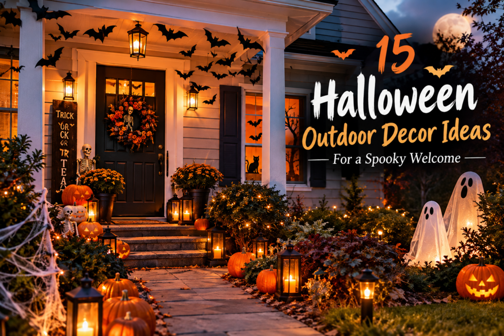 Halloween outdoor decor with pumpkins, lanterns, ghosts, and a spooky front porch