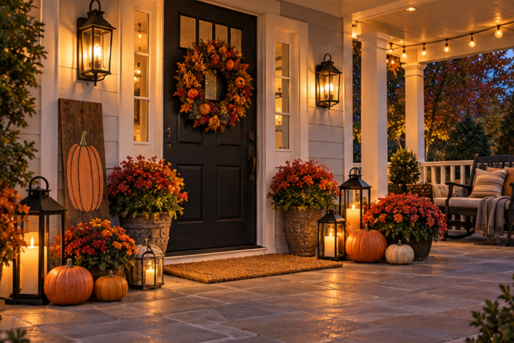 outdoor halloween porch decor with pumpkins wreath and lanterns