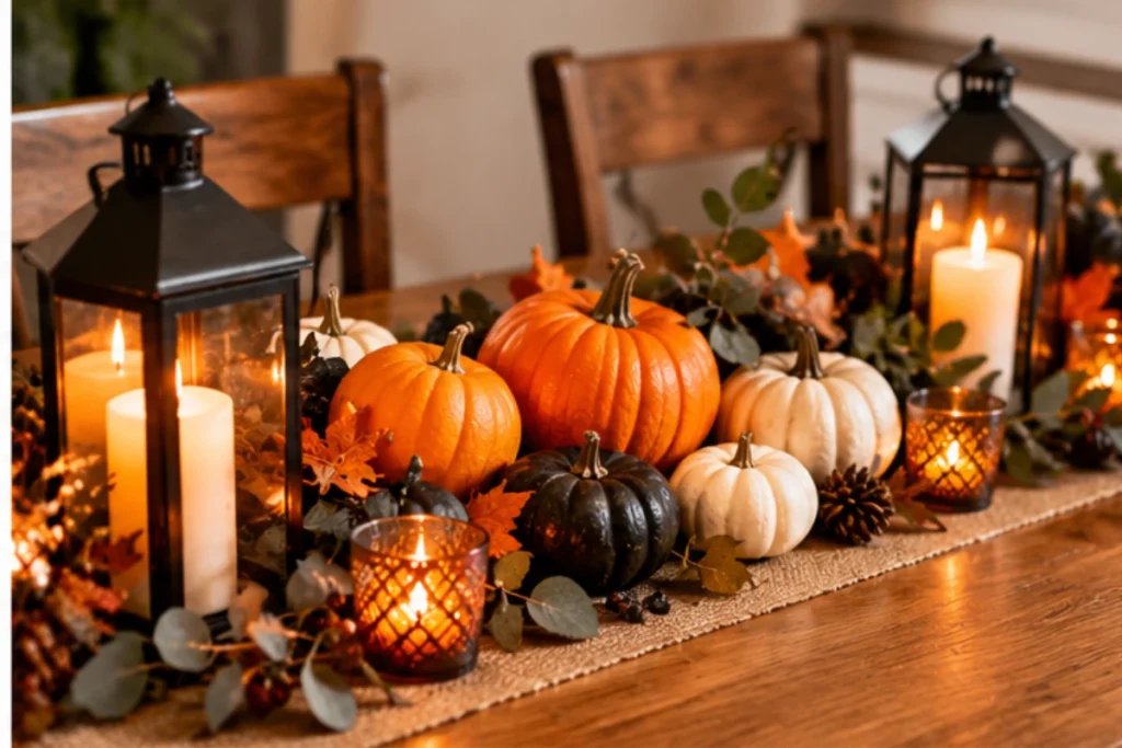 Halloween table centerpiece with orange and white pumpkins, lanterns, and autumn leaves.