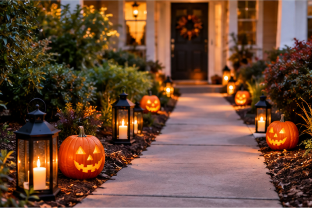 Halloween pumpkin walkway decor with lanterns and glowing jack o lanterns