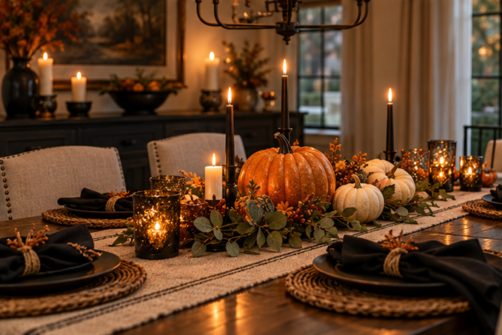halloween table decor with pumpkins candles and black table accents