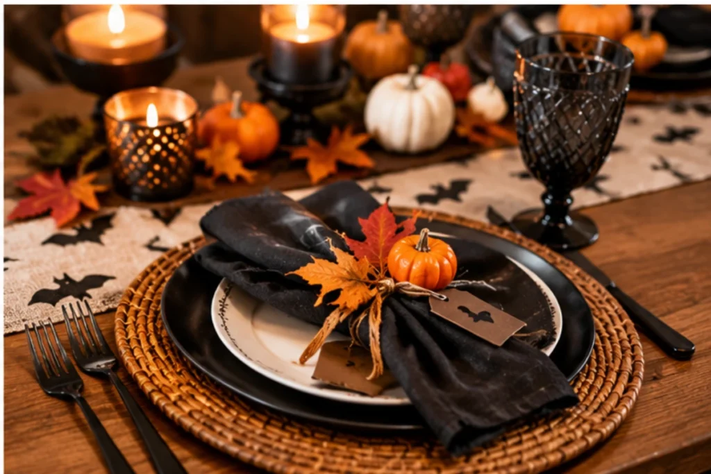 Halloween place setting with black plates, a black napkin, a mini pumpkin, and autumn leaves.