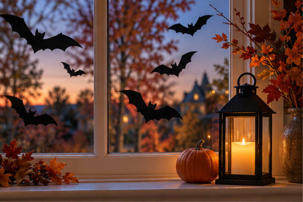 halloween window decor with bat silhouettes and pumpkins