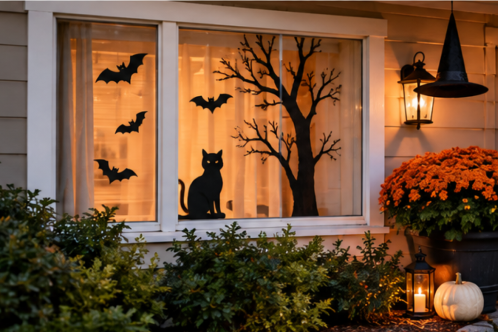 Halloween window silhouette decor with bats, black cat, spooky tree, and witch hat