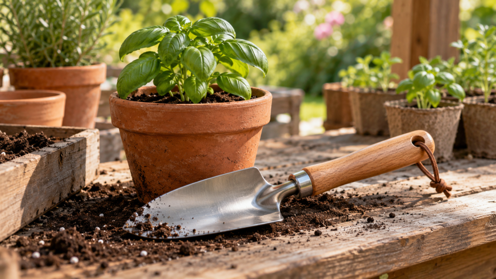 Stainless steel hand trowel with a wooden handle beside a potted basil plant on a garden bench.