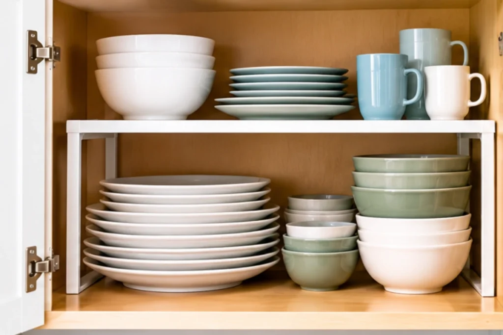 Shelf risers inside a kitchen cabinet creating extra storage space for plates, bowls, and mugs.