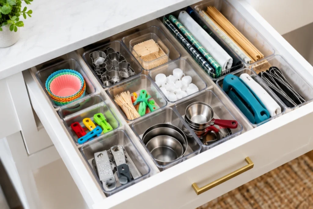 Kitchen drawer organized with cooking tools by function