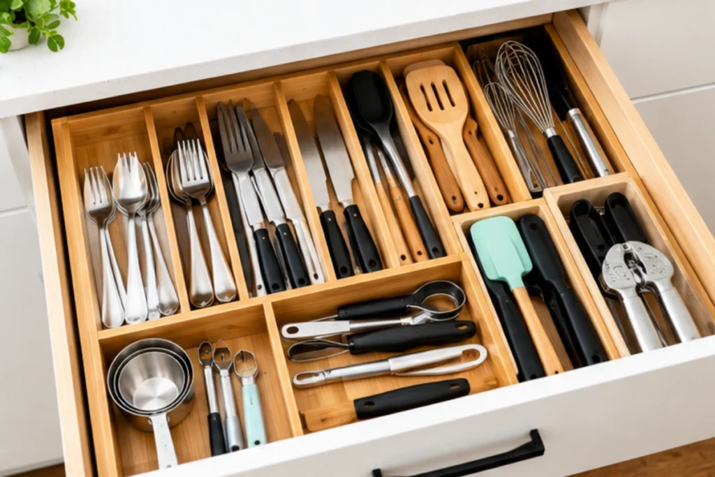 Organized kitchen drawer with dividers for everyday utensils