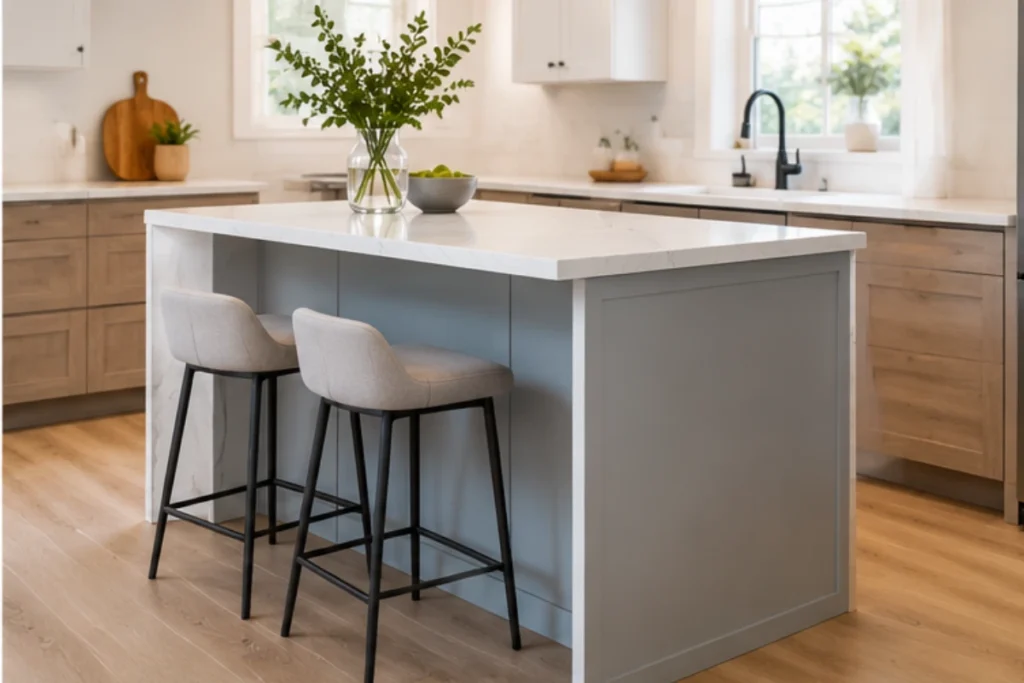 Modern small kitchen island with a light gray base, white countertop, and two upholstered bar stools