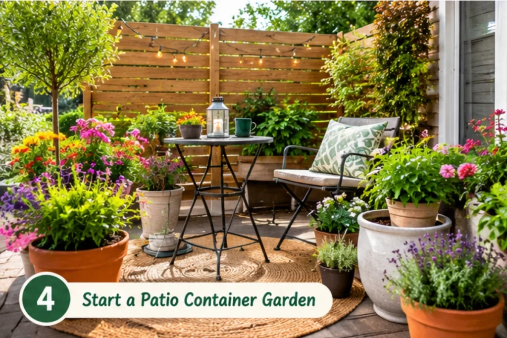 Movable container garden with potted plants in a small outdoor space