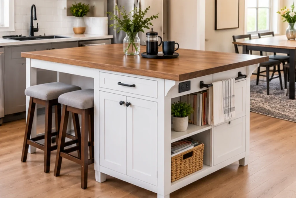 Multi-purpose small kitchen island with a wood countertop, drawers, open shelves, and seating