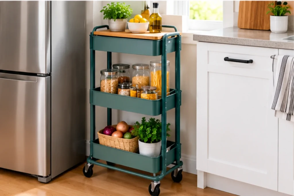 Narrow rolling kitchen cart with multiple shelves for pantry items, jars, and everyday kitchen essentials.