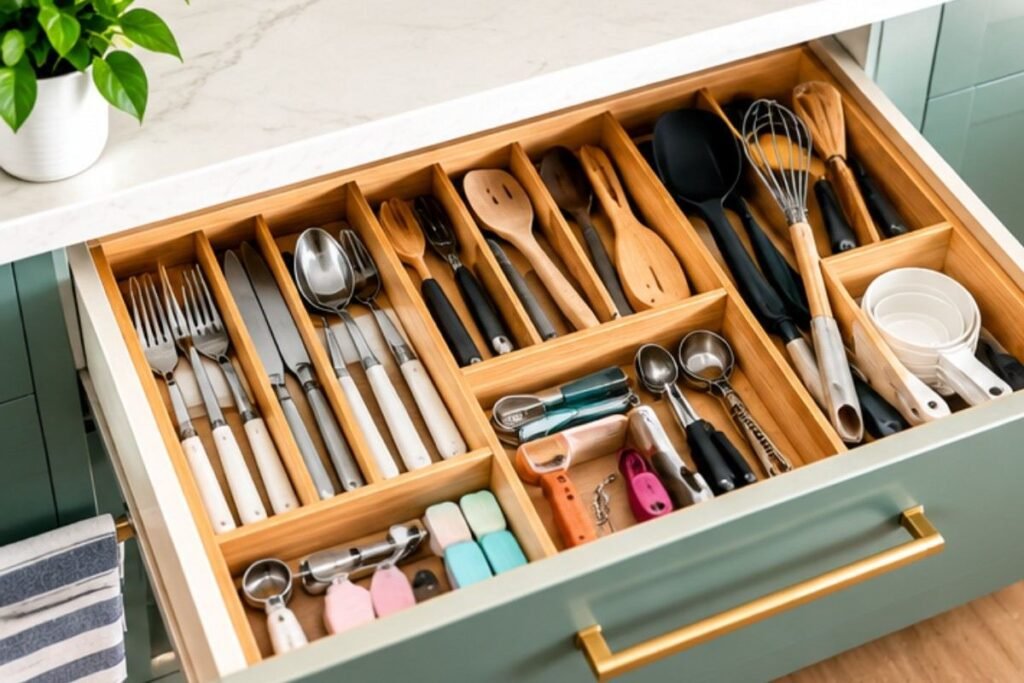 Organized kitchen drawer with utensils separated into storage compartments