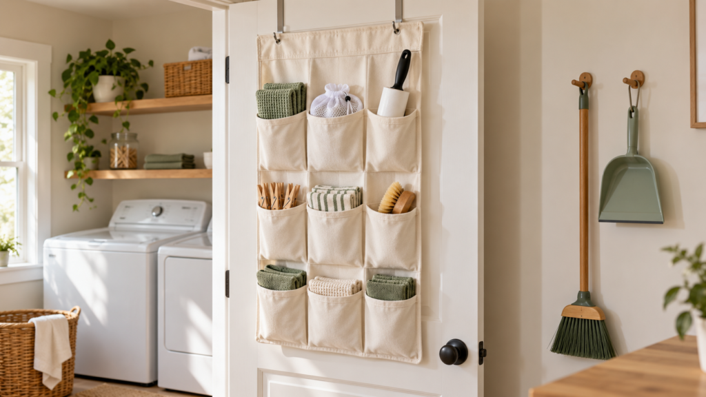 Cream pocket organizer on a laundry room door holding cloths, clothespins, and cleaning accessories beside a wall-mounted broom and dustpan.