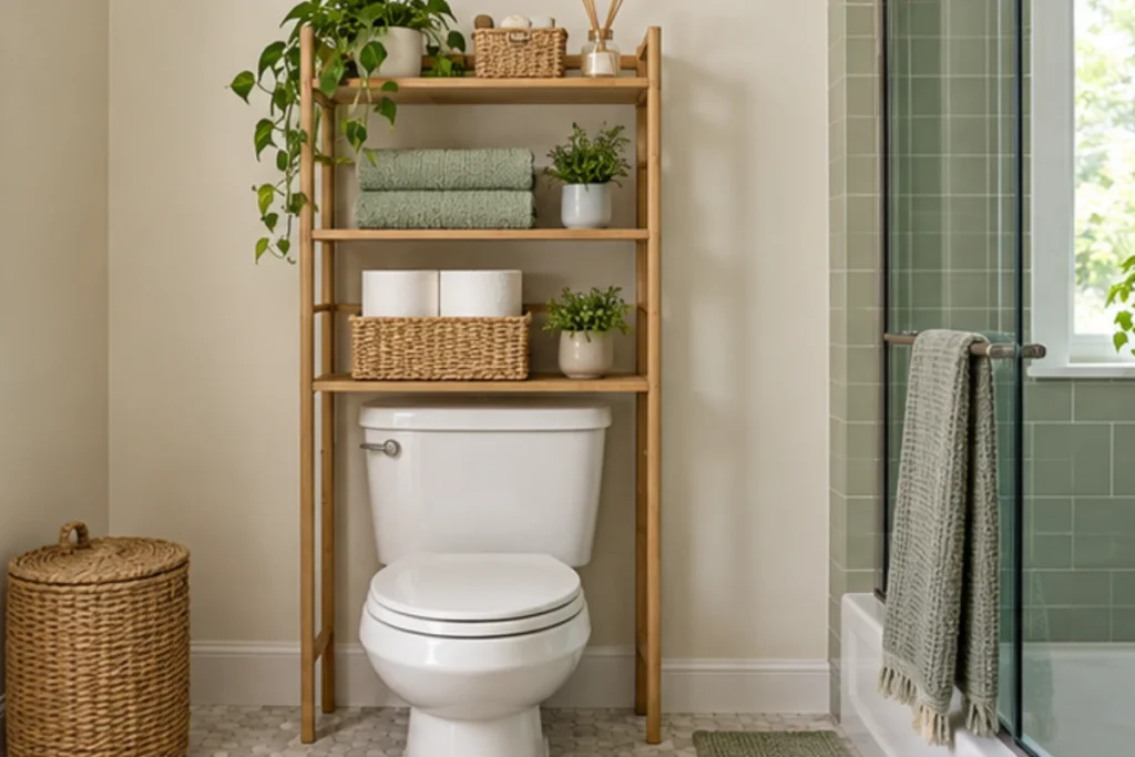 Tall wooden shelving unit above a white toilet holding folded towels, woven baskets, and spare toilet paper.