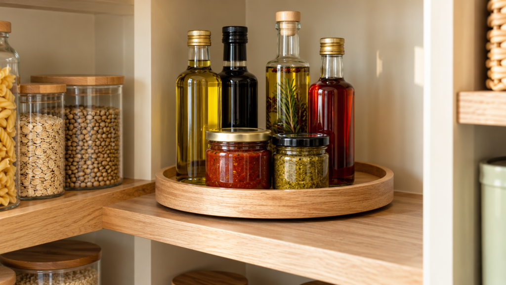 Wooden lazy Susan on a pantry corner shelf holding capped oil and vinegar bottles and small sauce jars.