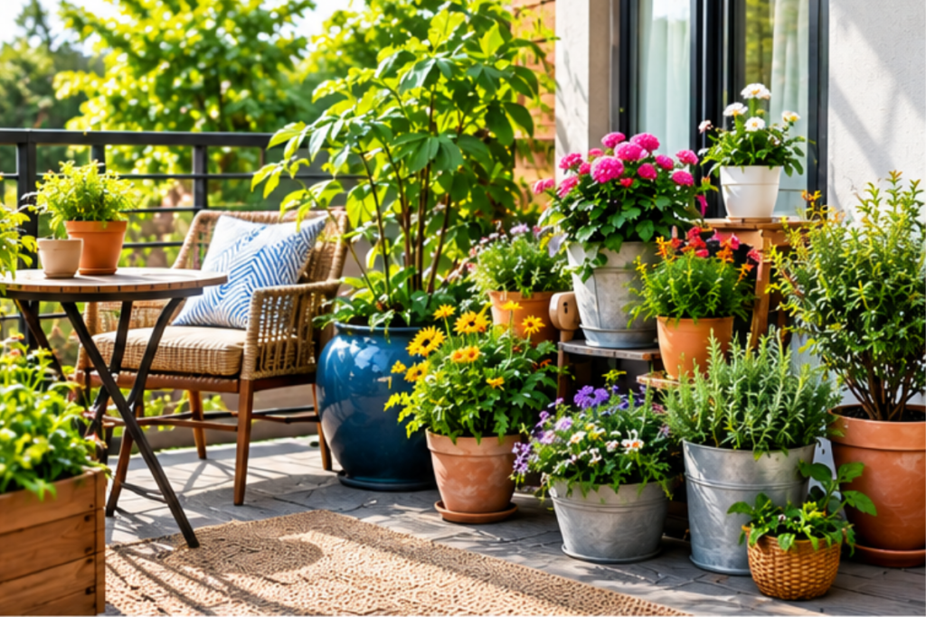 Colorful container garden on a small patio