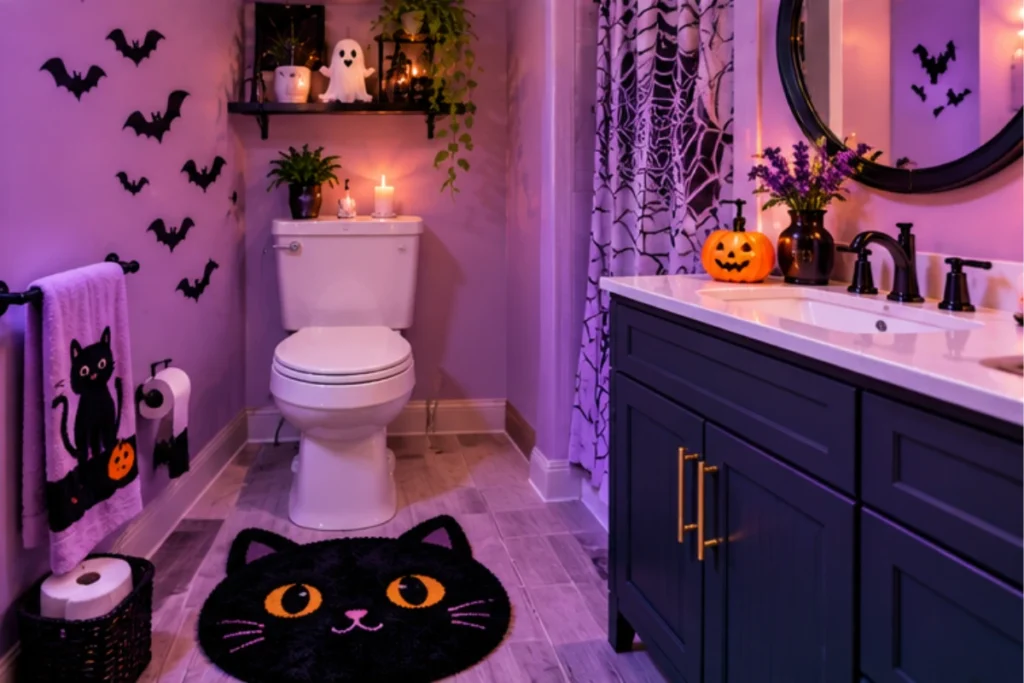 Pink Halloween bathroom with playful black cat decorations, pink textiles, pumpkins, and festive shower accessories.