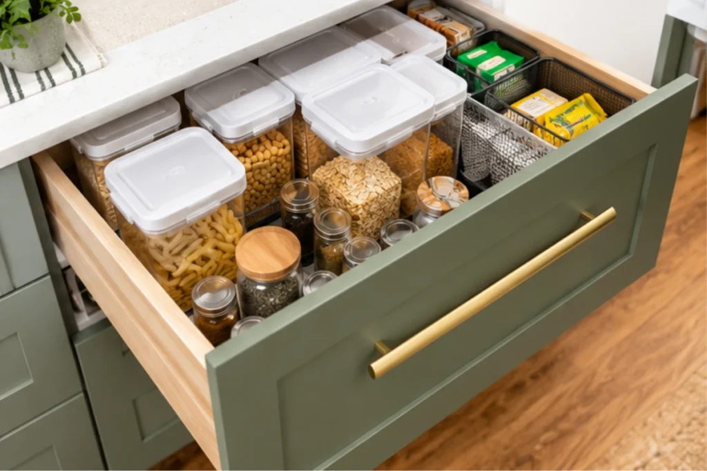 Pull-out kitchen drawer organized with pantry containers and dry goods