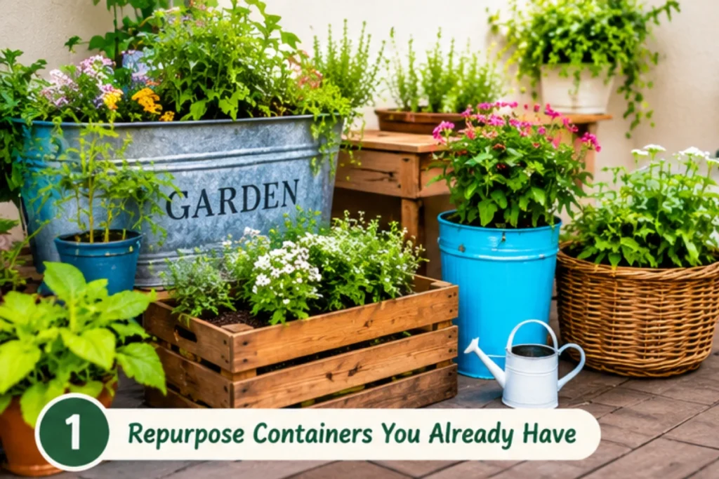Repurposed containers used to create a budget-friendly small garden