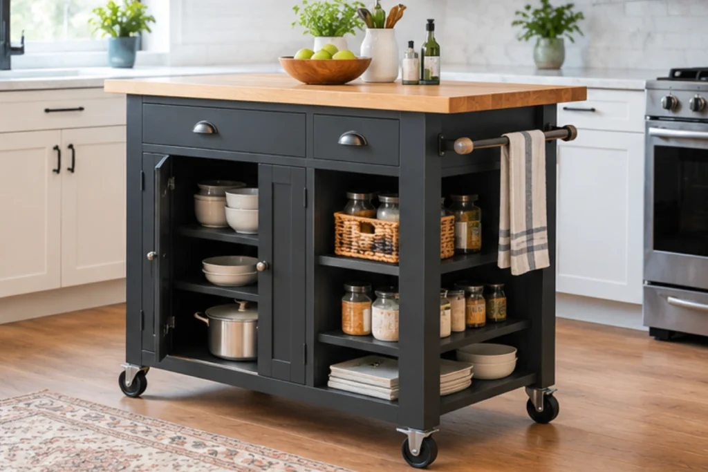 Charcoal rolling kitchen island with drawers, enclosed cabinets, open shelves, and a butcher block countertop