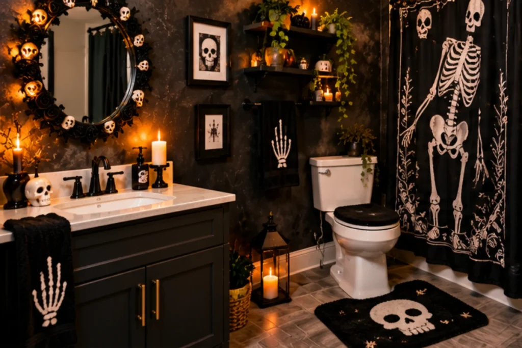 Gothic Halloween bathroom with skeleton artwork, black shower curtain, skull accessories, and warm candles.