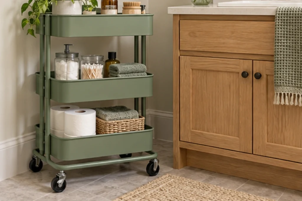 Sage-green three-tier rolling cart beside an oak vanity holding toiletries, folded towels, and spare toilet paper.