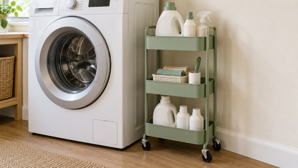 Sage-green three-tier rolling cart beside a white washing machine holding laundry bottles, cleaning cloths, and a lint roller.