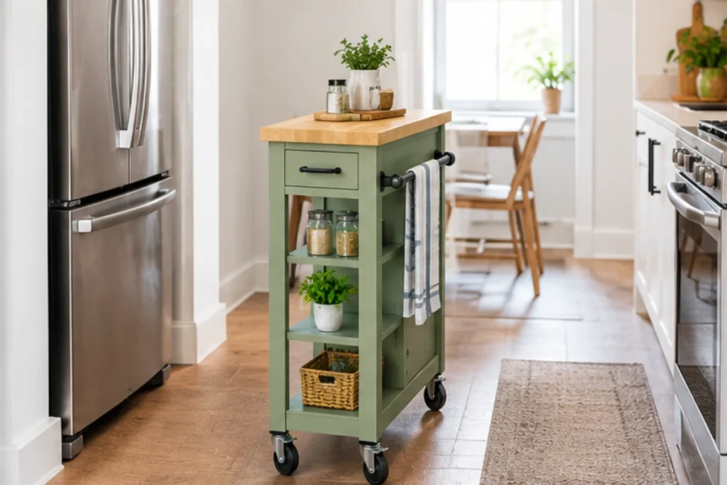 Slim sage green rolling kitchen island with open shelves in a narrow galley kitchen