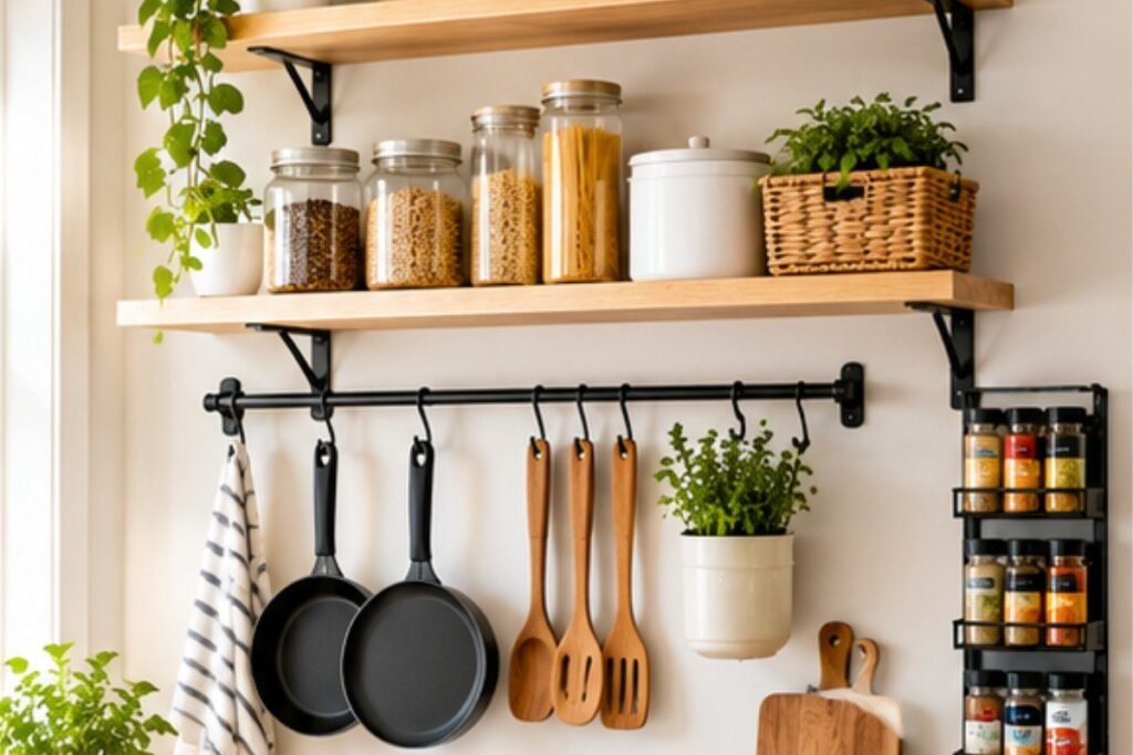 Small apartment kitchen with a rolling storage cart beside the cabinets
