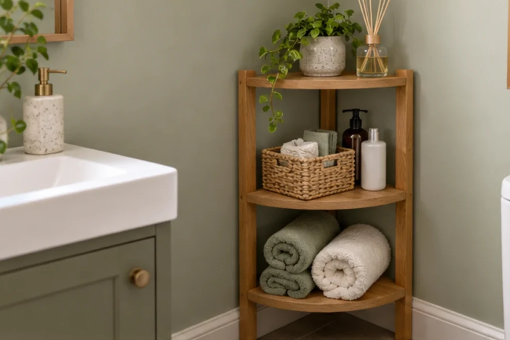 Narrow wooden corner shelf between a vanity and toilet holding rolled towels, a woven basket, and toiletries.
