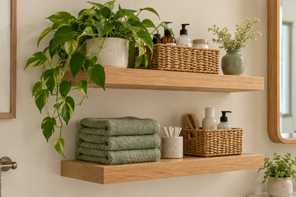 Two oak floating shelves holding folded sage towels, woven baskets, and toiletries beside a bathroom mirror.