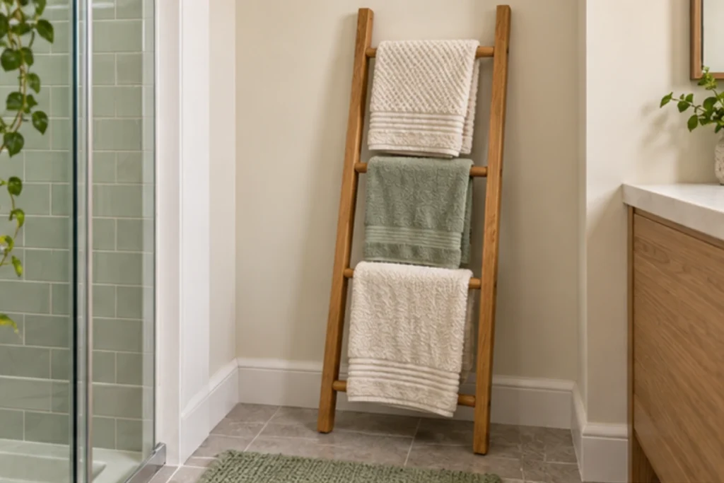 Narrow oak towel ladder holding cream and sage towels beside a glass shower and wooden vanity.