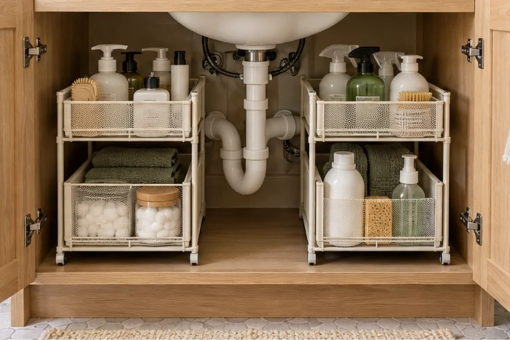 Open oak vanity cabinet with two-tier organizers holding bottles and bathroom supplies around exposed sink plumbing.
