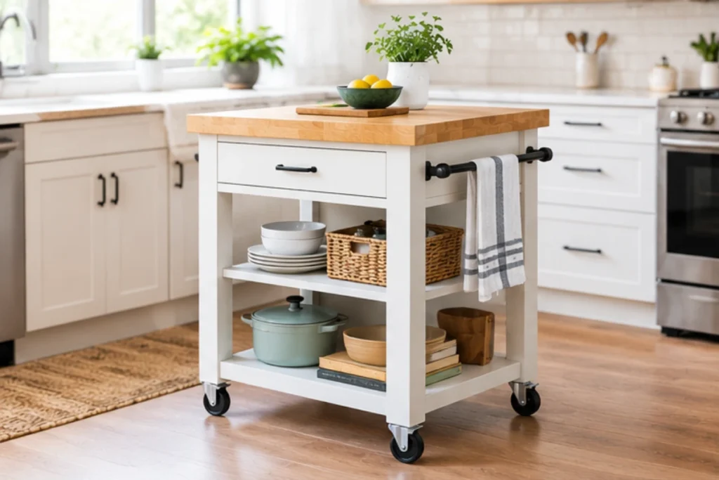 Small white rolling kitchen island with a butcher block countertop, open shelves, and storage baskets