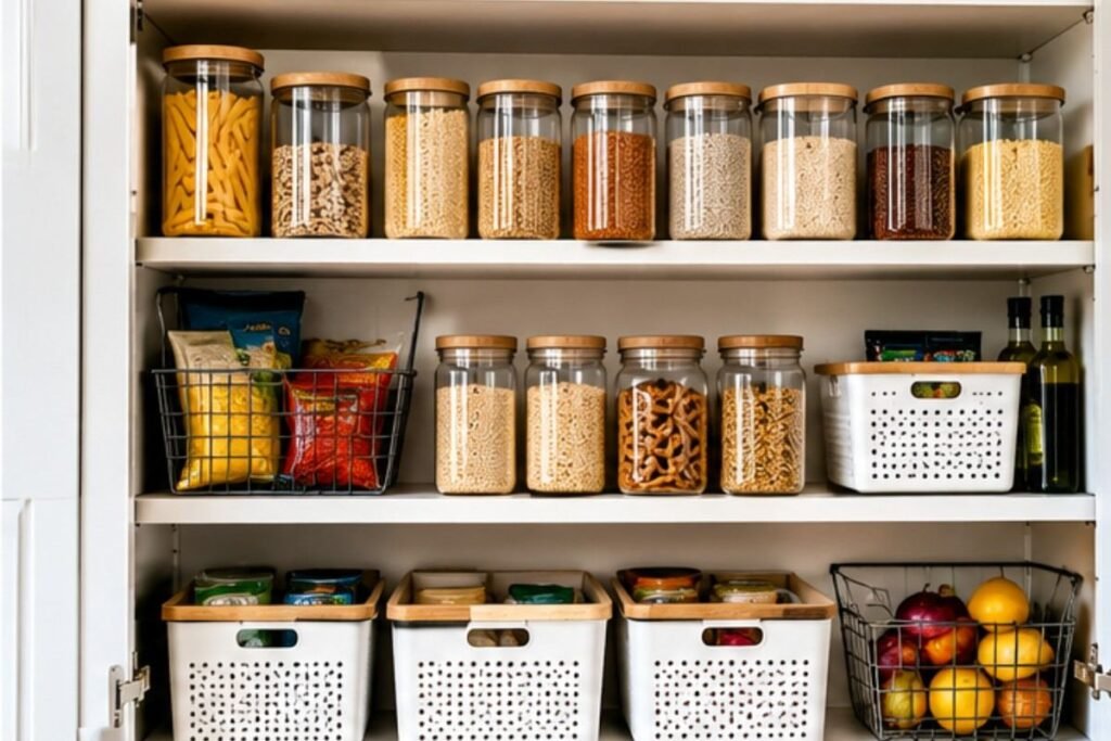 Small kitchen cabinet organized with food containers baskets and pantry items