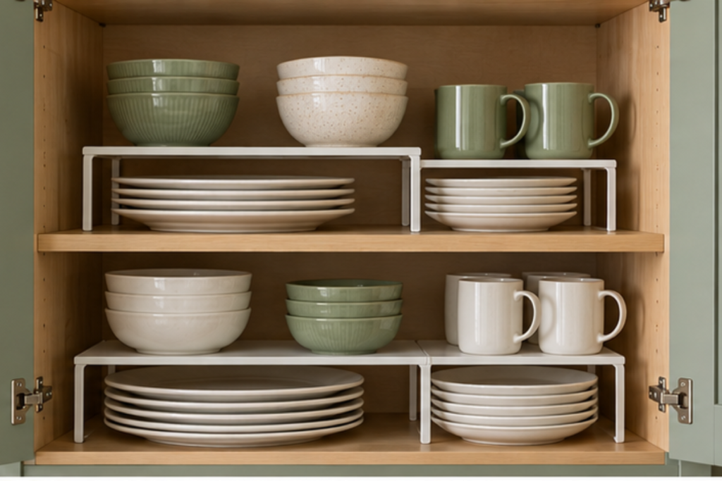 Open kitchen cabinet with shelf risers separating stacks of plates, bowls, and mugs into two levels.