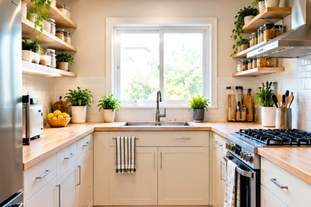 Small kitchen countertop organized with utensils plants and cooking essentials